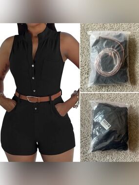 XXTAXN Black Collarless V-Neck Belted Romper w/Pockets XL NWT